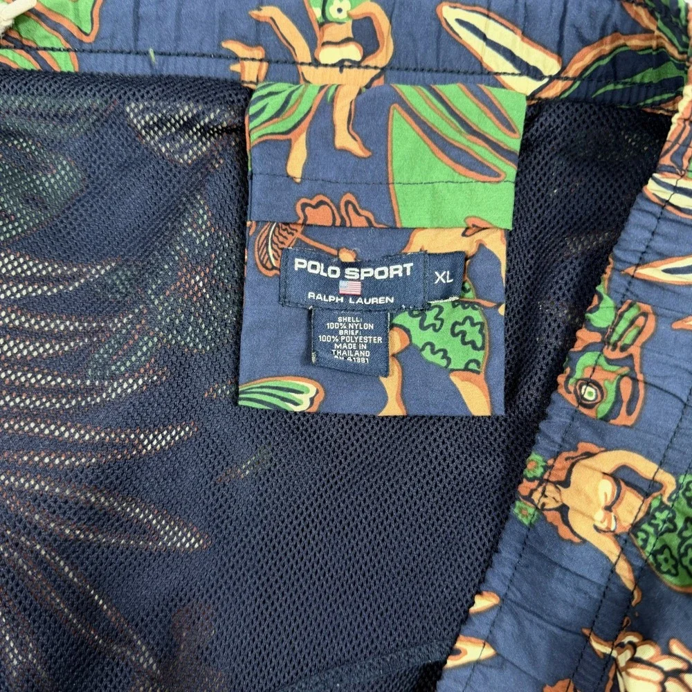 Polo Sport Ralph Lauren Vintage XL Hawaiian Hula Print Swim Trunks Navy Blue 90s